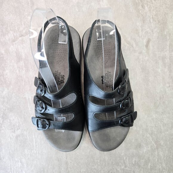 Sas Comfort Dad Sandals 6 Black Leather Retro Strappy Buckle Walking Open Toe - Picture 2 of 10